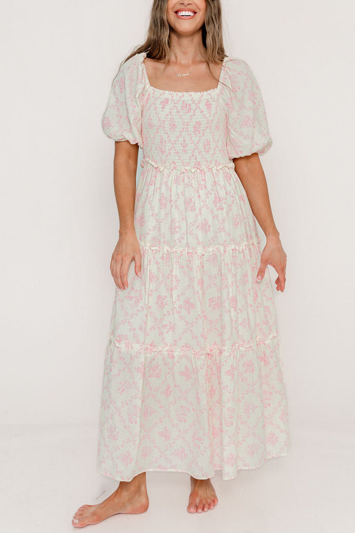 Karolyn Antique Puff Sleeve Tiered Maxi Dress in Pink