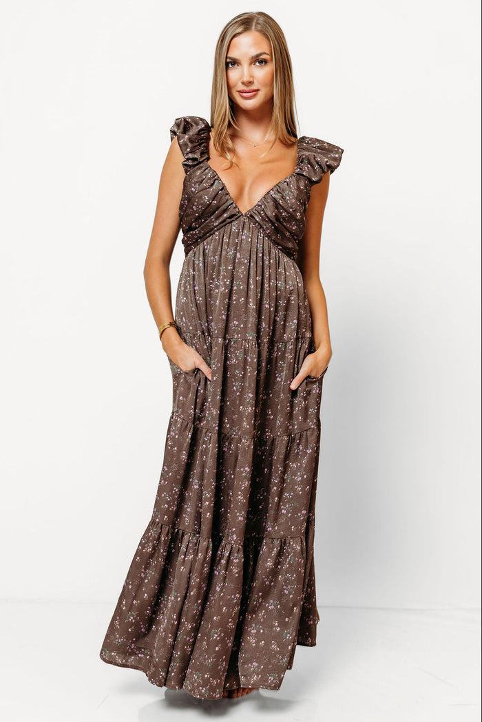 Katy Pleated Bodice Floral Maxi Dress in Deep Brown Floral- Bump Friendly