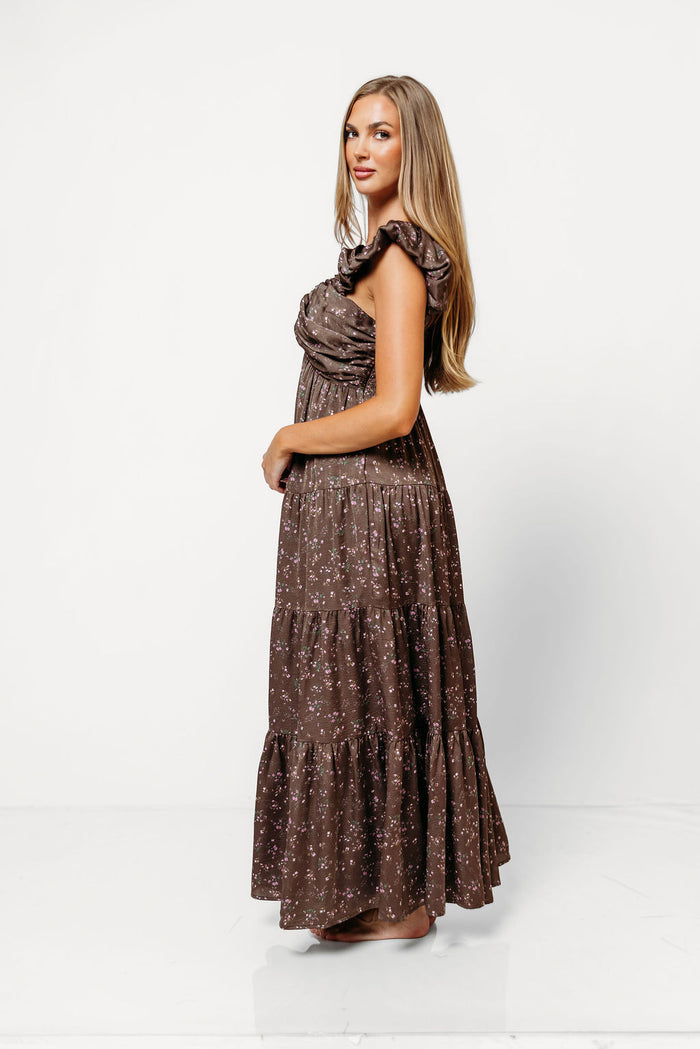 Katy Pleated Bodice Floral Maxi Dress in Deep Brown Floral- Bump Friendly