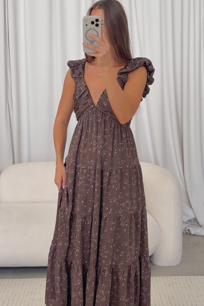 Katy Pleated Bodice Floral Maxi Dress in Deep Brown Floral- Bump Friendly