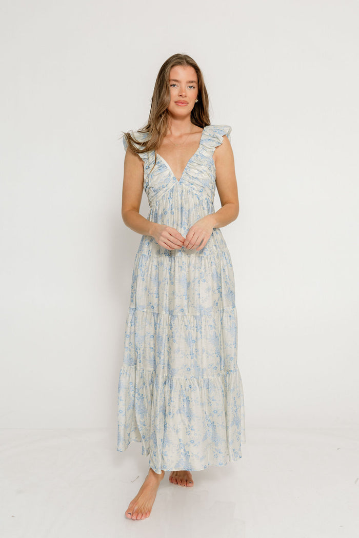 Katy Pleated Bodice Maxi Dress in Blue Floral - Bump Friendly