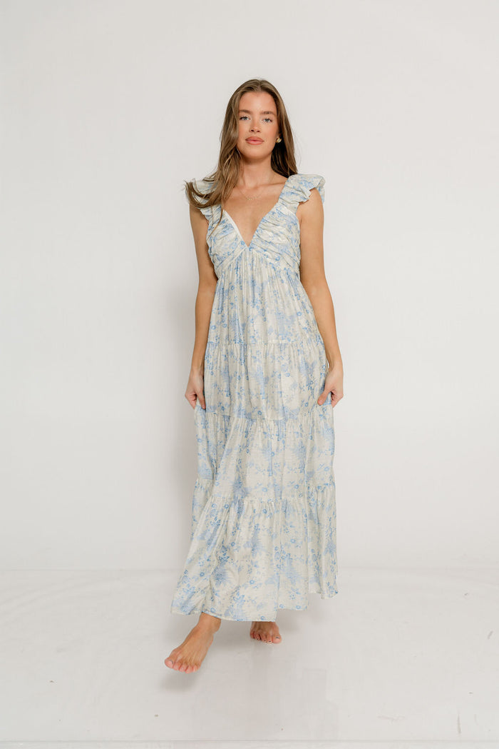 Katy Pleated Bodice Maxi Dress in Blue Floral - Bump Friendly