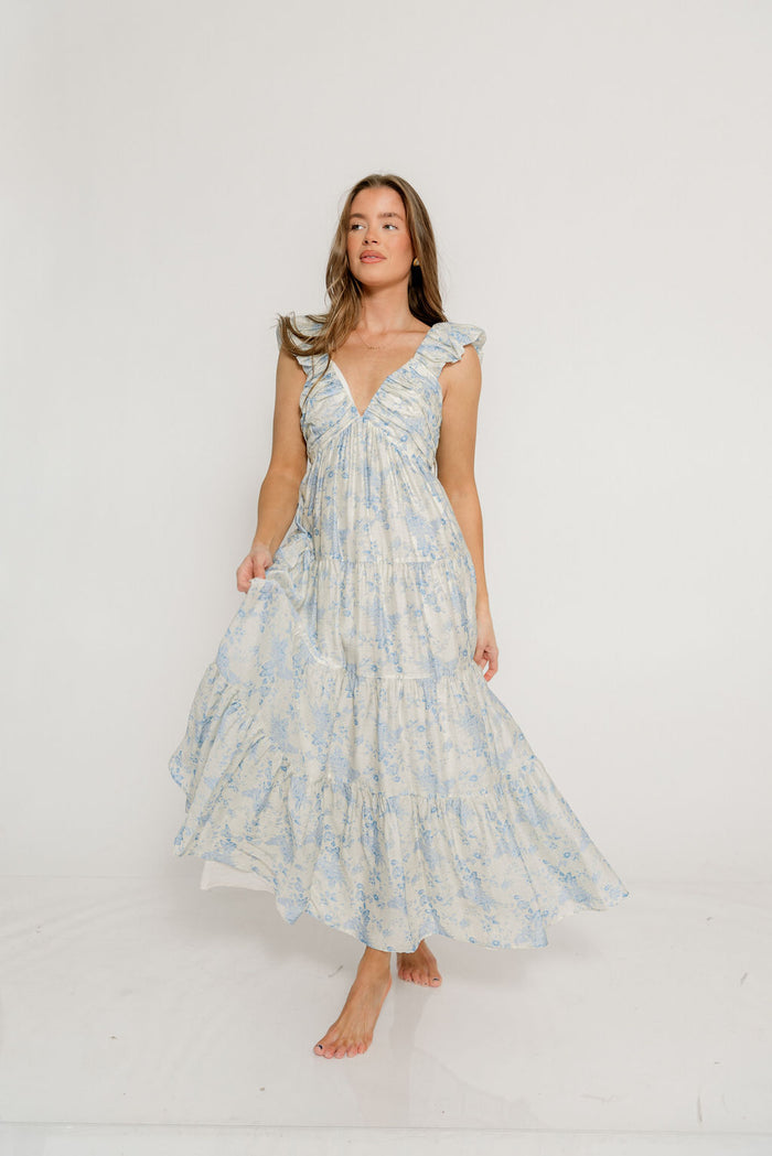 Katy Pleated Bodice Maxi Dress in Blue Floral - Bump Friendly