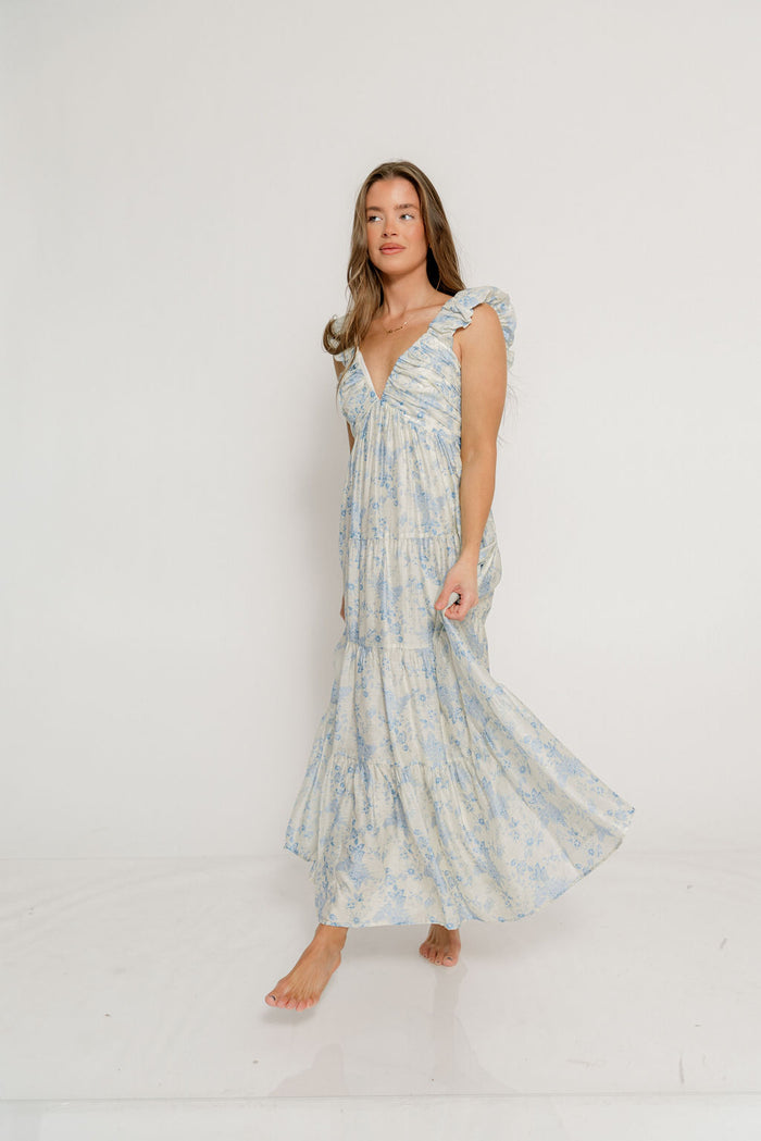 Katy Pleated Bodice Maxi Dress in Blue Floral - Bump Friendly