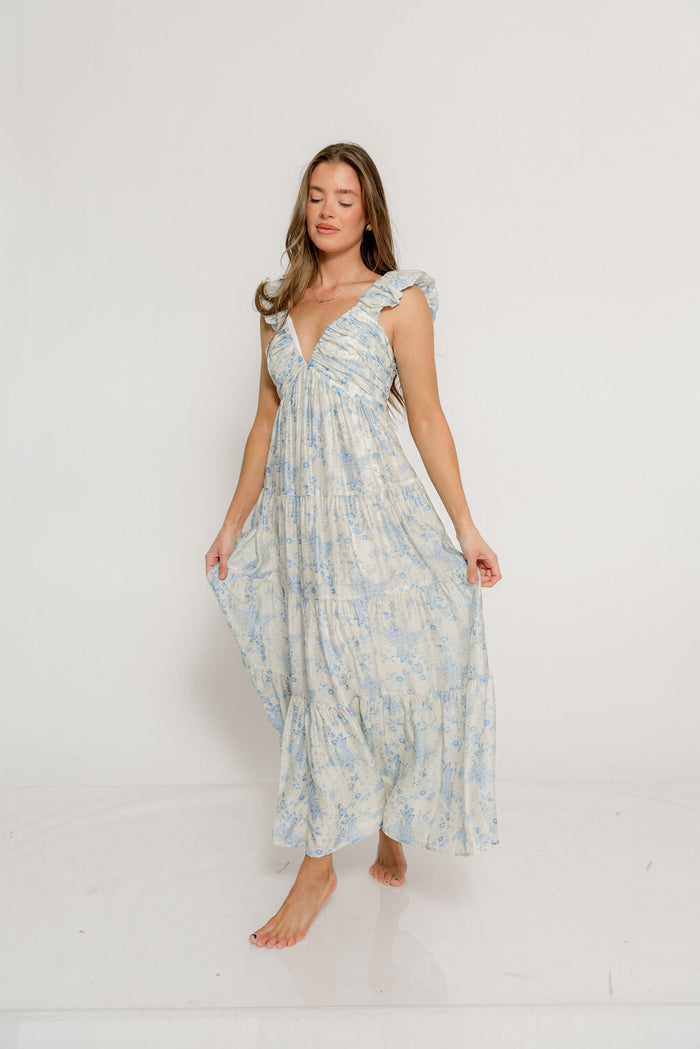 Katy Pleated Bodice Maxi Dress in Blue Floral - Bump Friendly