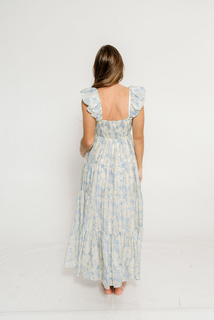 Katy Pleated Bodice Maxi Dress in Blue Floral - Bump Friendly
