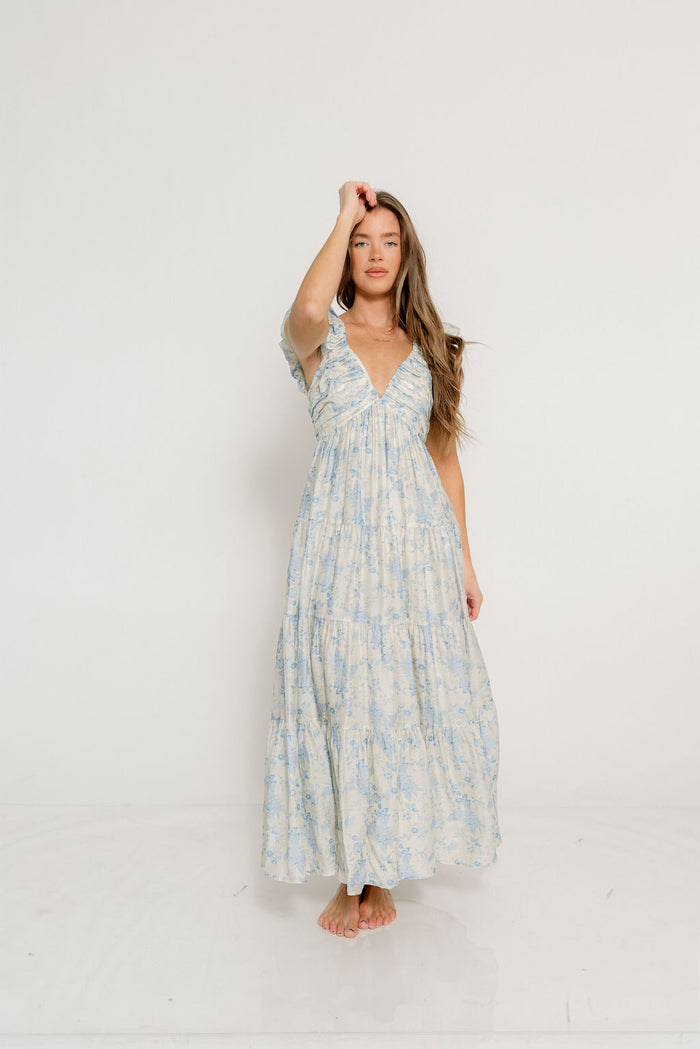 Katy Pleated Bodice Maxi Dress in Blue Floral - Bump Friendly