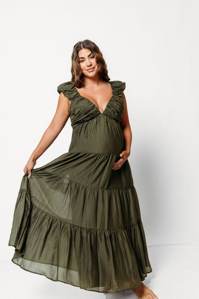Katy Pleated Bodice Maxi Dress in Dark Olive - Bump Friendly