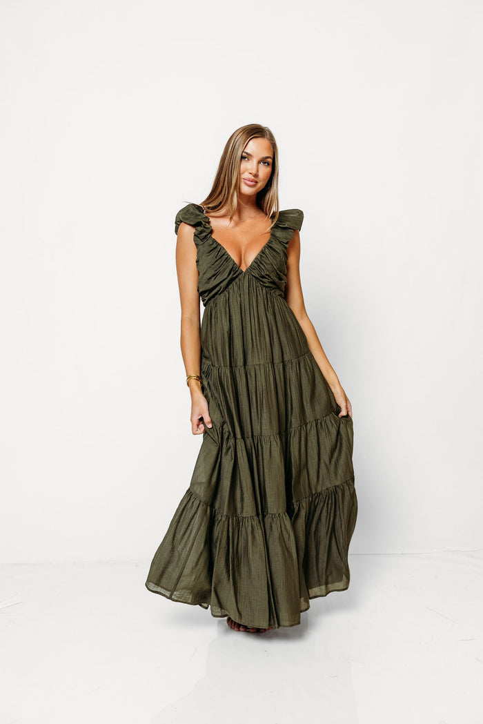 Katy Pleated Bodice Maxi Dress in Dark Olive - Bump Friendly
