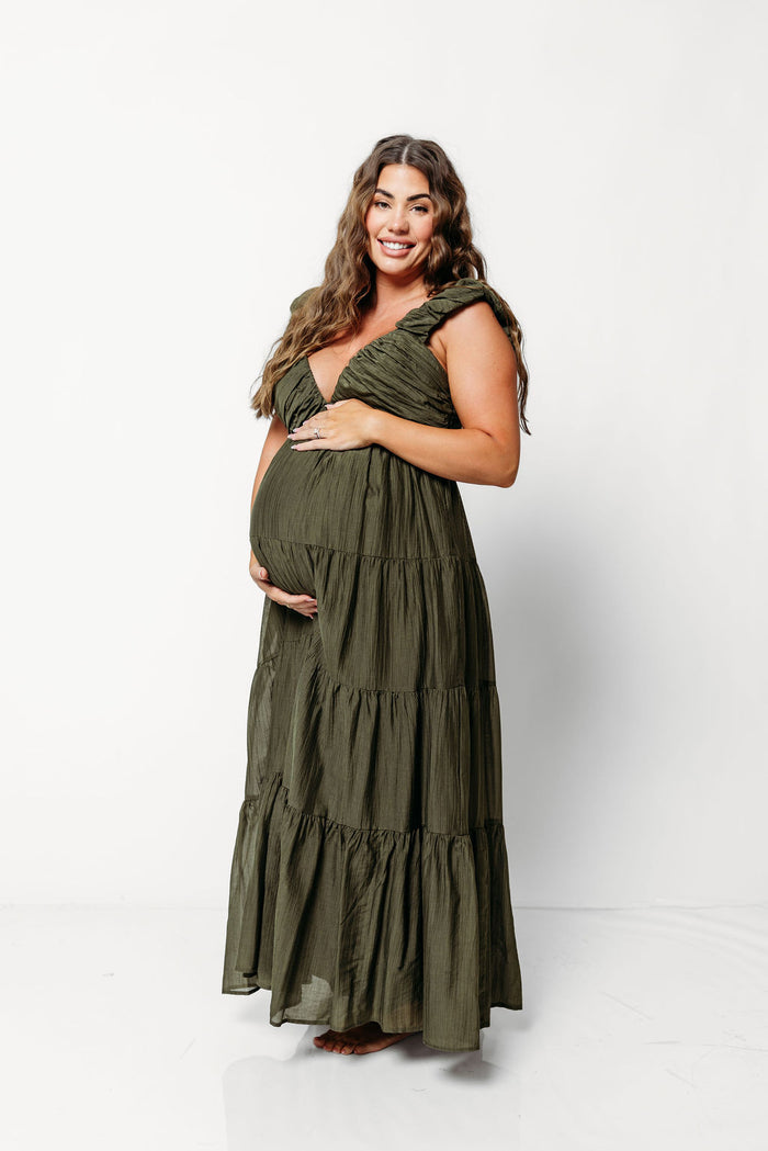 Katy Pleated Bodice Maxi Dress in Dark Olive - Bump Friendly
