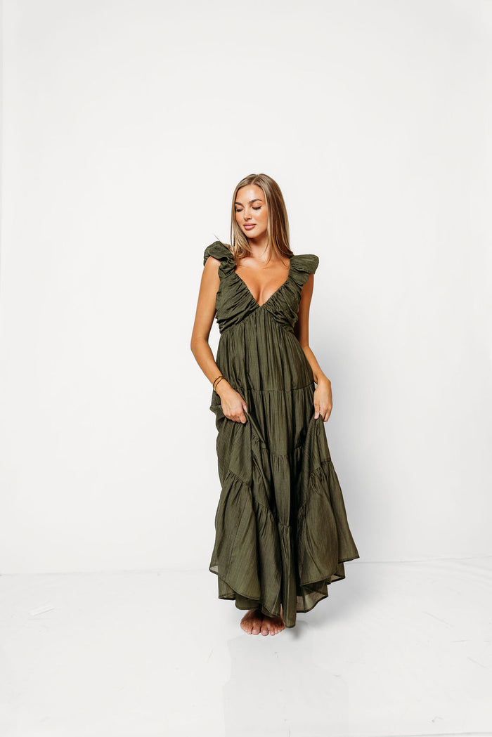 Katy Pleated Bodice Maxi Dress in Dark Olive - Bump Friendly