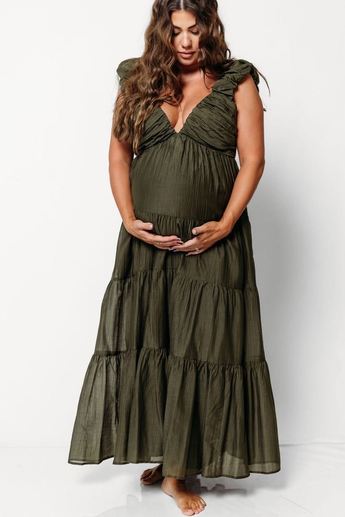 Katy Pleated Bodice Maxi Dress in Dark Olive - Bump Friendly