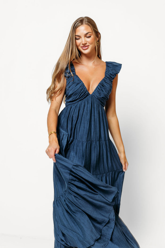 Katy Pleated Bodice Maxi Dress in Deep Blue - Bump Friendly