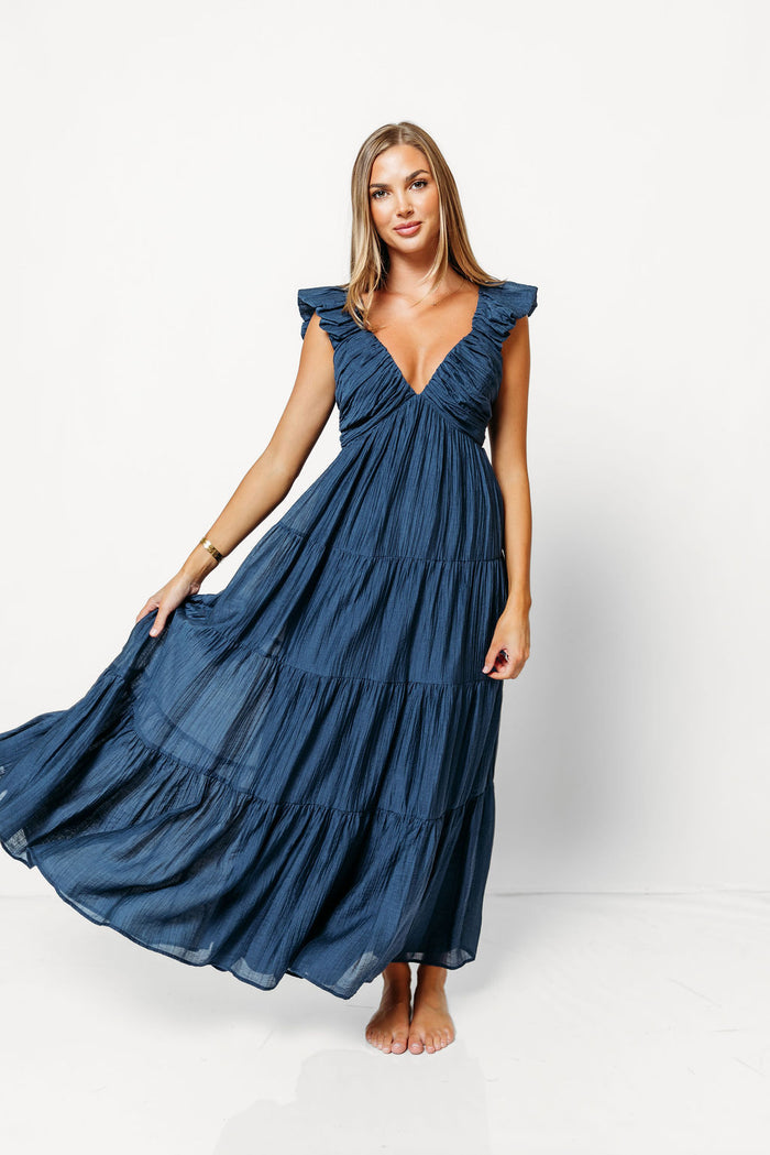 Katy Pleated Bodice Maxi Dress in Deep Blue - Bump Friendly