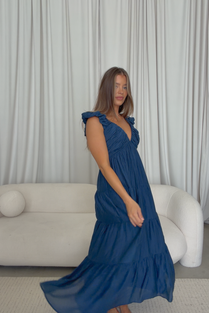 Katy Pleated Bodice Maxi Dress in Deep Blue - Bump Friendly