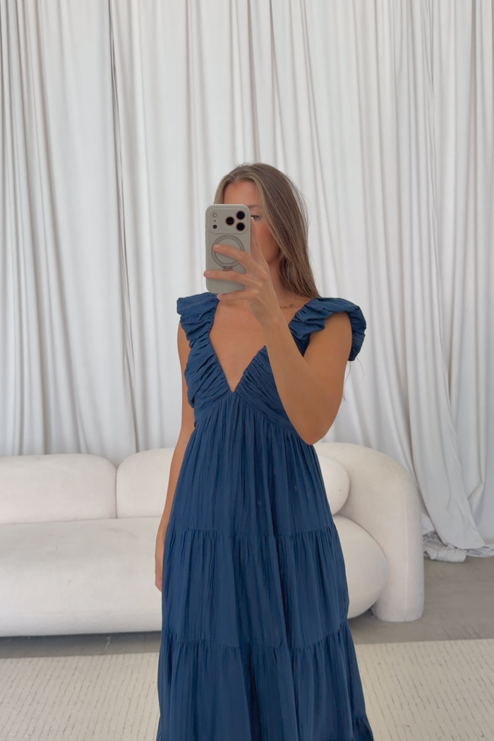 Katy Pleated Bodice Maxi Dress in Deep Blue - Bump Friendly