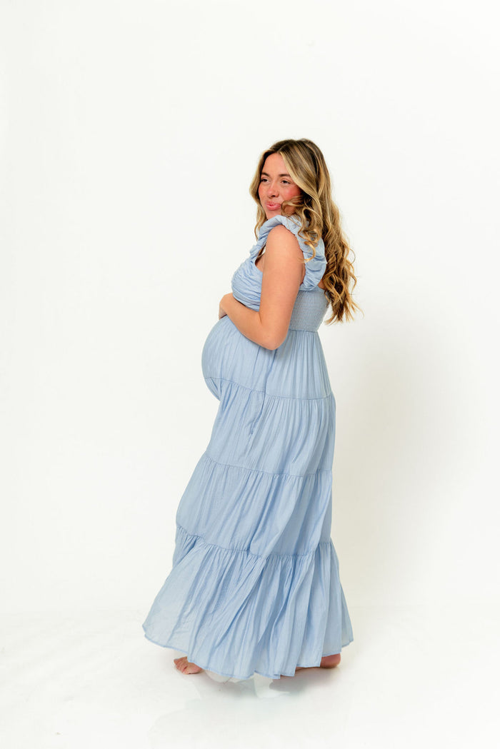 Katy Pleated Bodice Maxi Dress in Dusty Blue - Bump Friendly