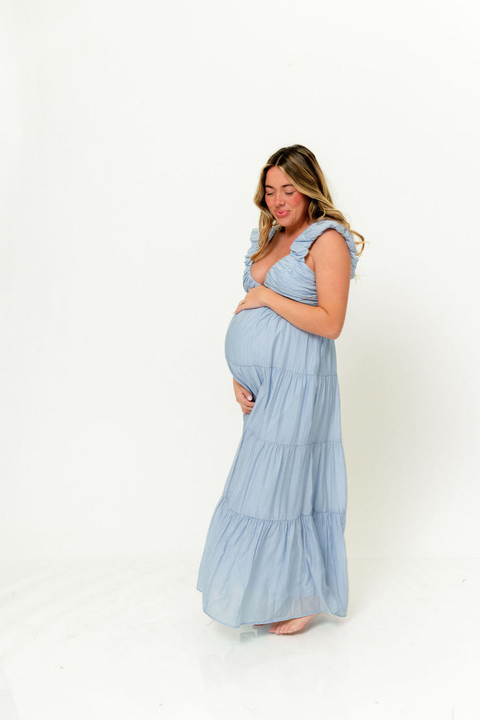 Katy Pleated Bodice Maxi Dress in Dusty Blue - Bump Friendly