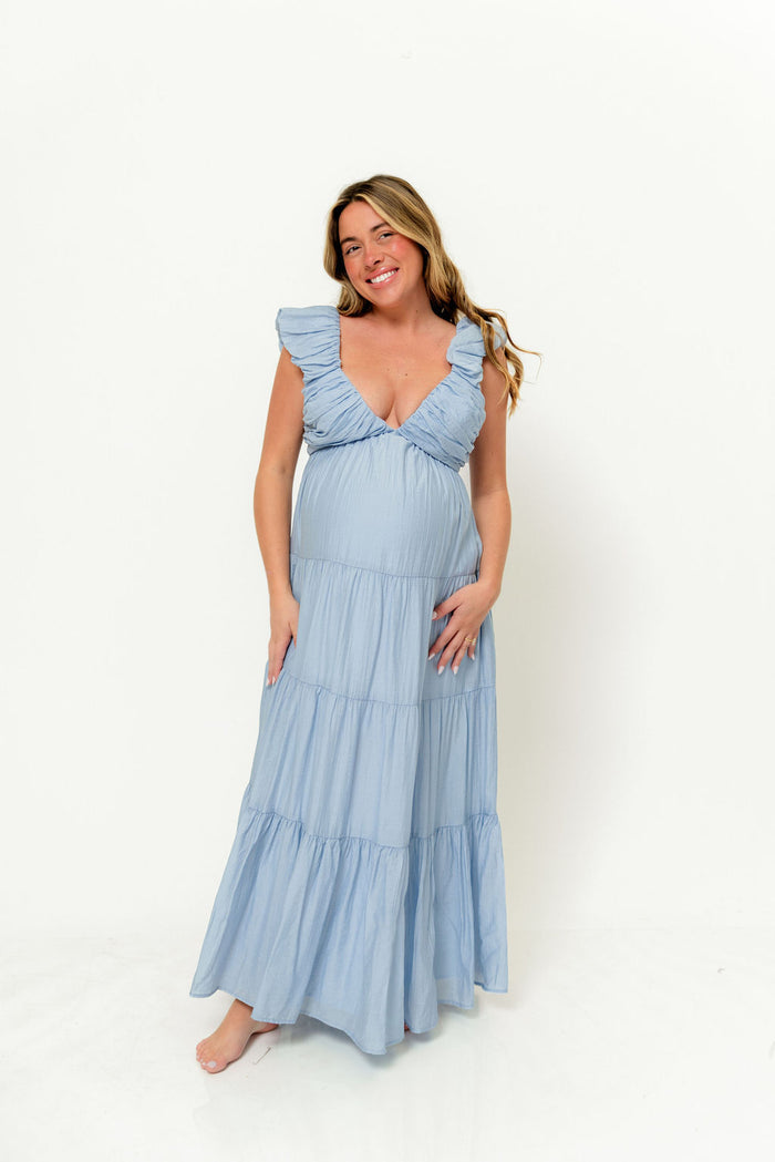 Katy Pleated Bodice Maxi Dress in Dusty Blue - Bump Friendly