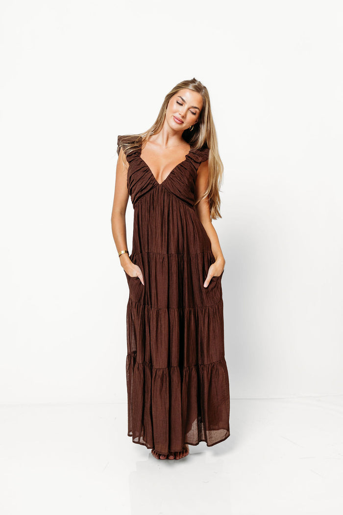 Katy Pleated Bodice Maxi Dress in Espresso - Bump Friendly