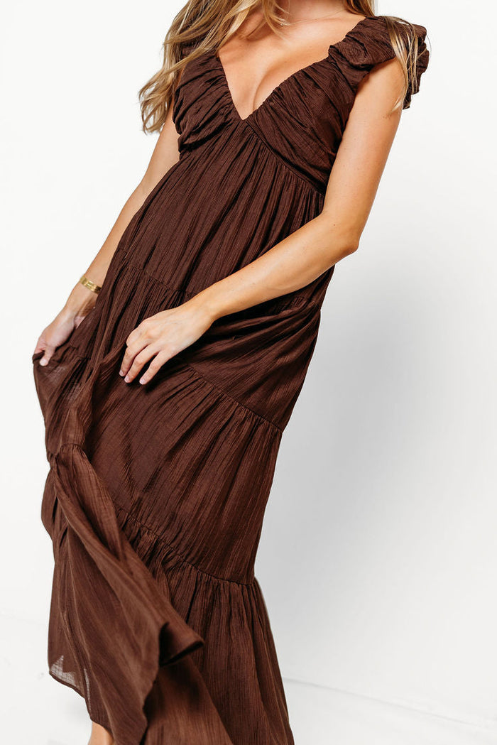 Katy Pleated Bodice Maxi Dress in Espresso - Bump Friendly
