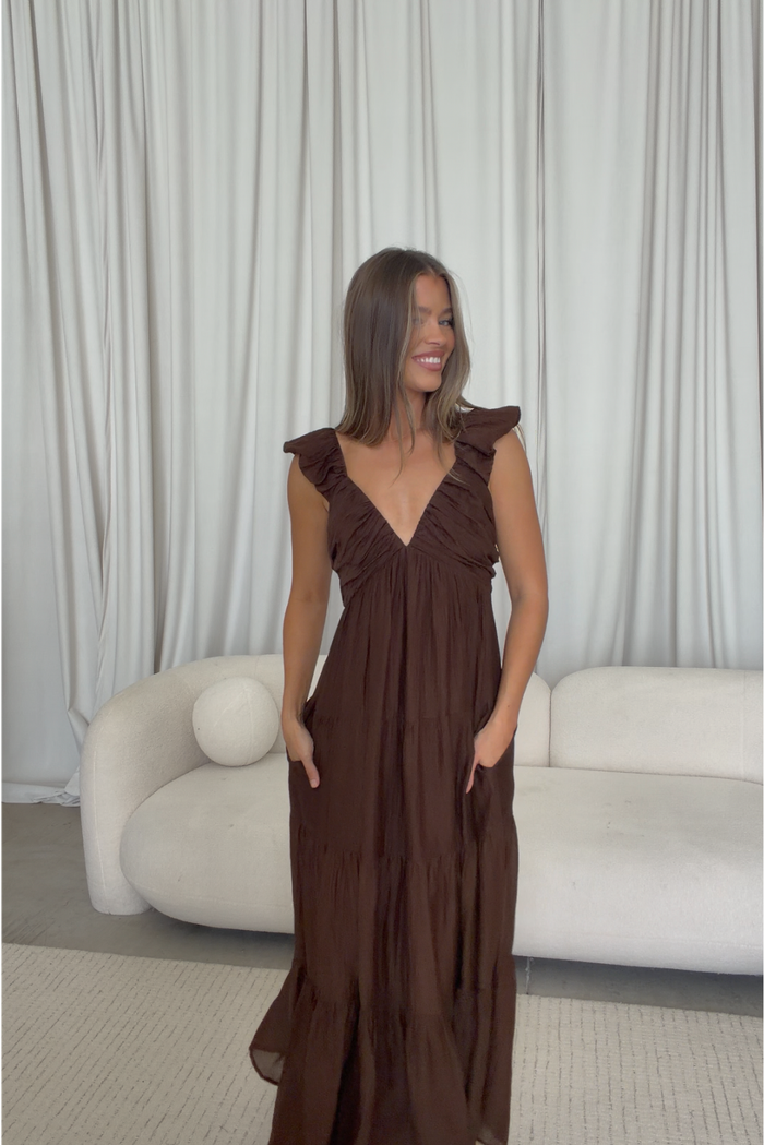 Katy Pleated Bodice Maxi Dress in Espresso - Bump Friendly