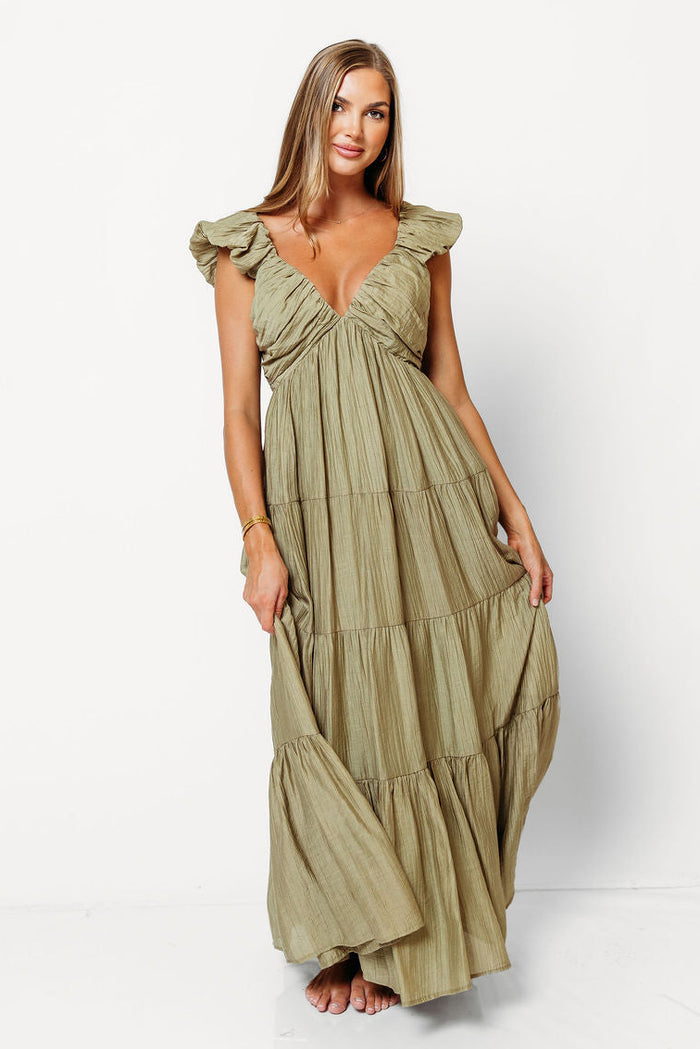 Katy Pleated Bodice Maxi Dress in Light Olive - Bump Friendly