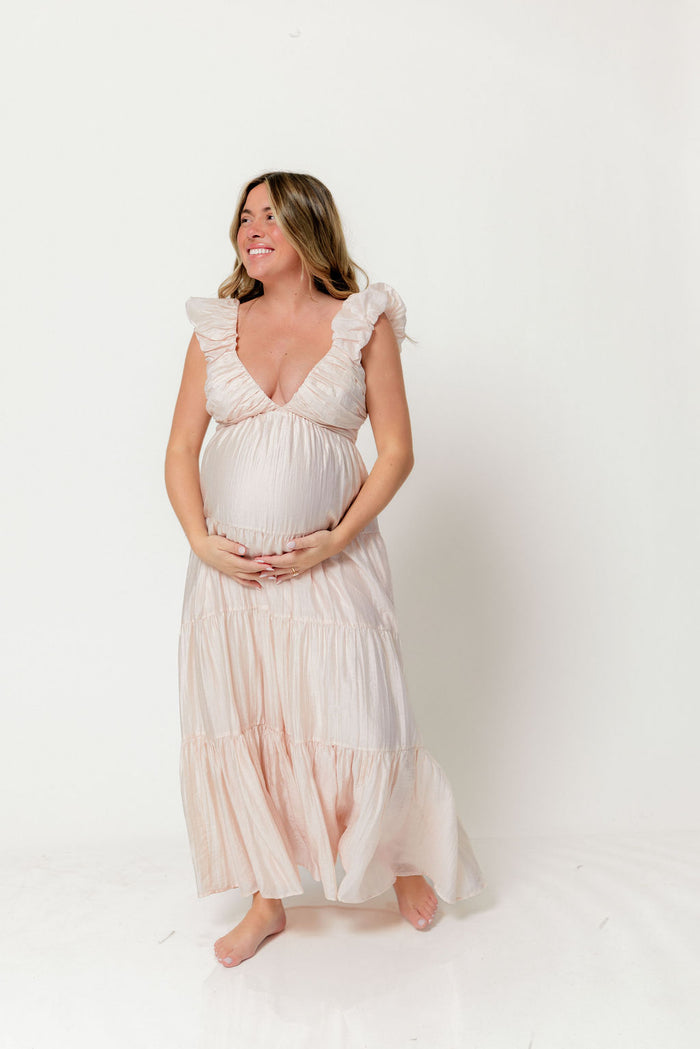 Katy Pleated Bodice Maxi Dress in Peach - Bump Friendly