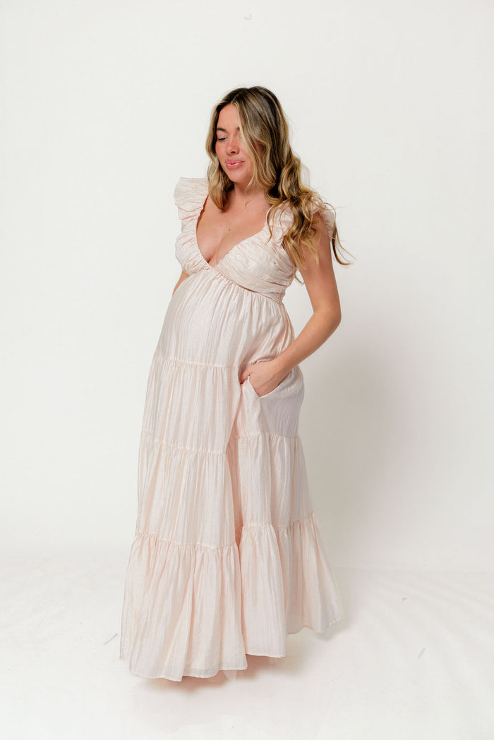 Katy Pleated Bodice Maxi Dress in Peach - Bump Friendly