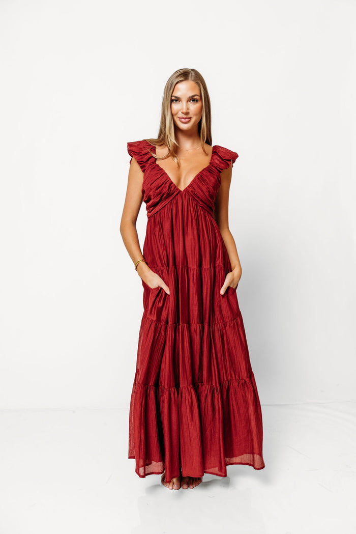 Katy Pleated Bodice Maxi Dress in Wine Red - Bump Friendly