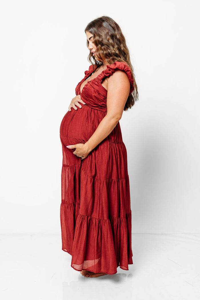 Katy Pleated Bodice Maxi Dress in Wine Red - Bump Friendly