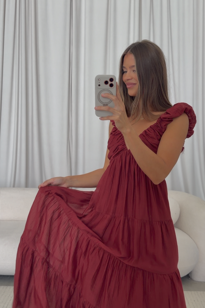 Katy Pleated Bodice Maxi Dress in Wine Red - Bump Friendly