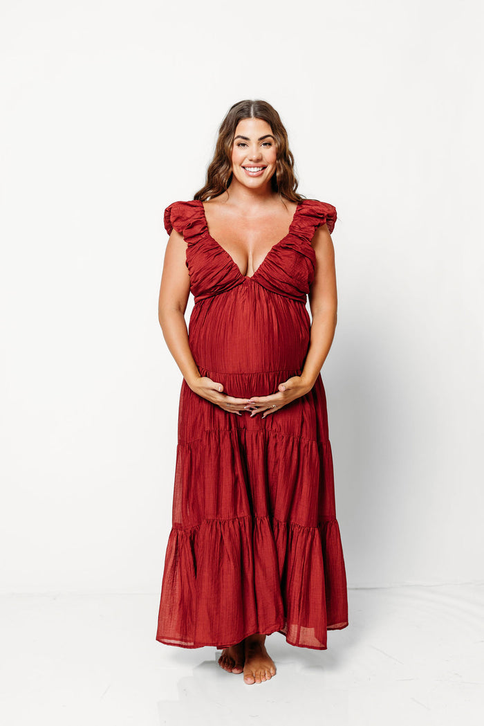 Katy Pleated Bodice Maxi Dress in Wine Red - Bump Friendly