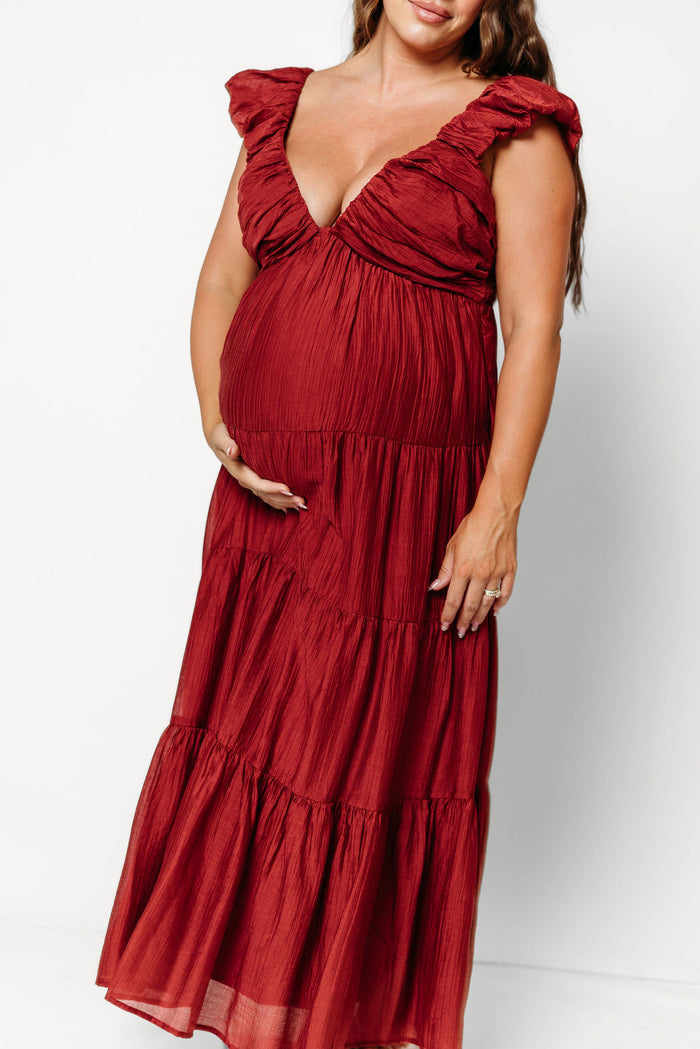 Katy Pleated Bodice Maxi Dress in Wine Red - Bump Friendly