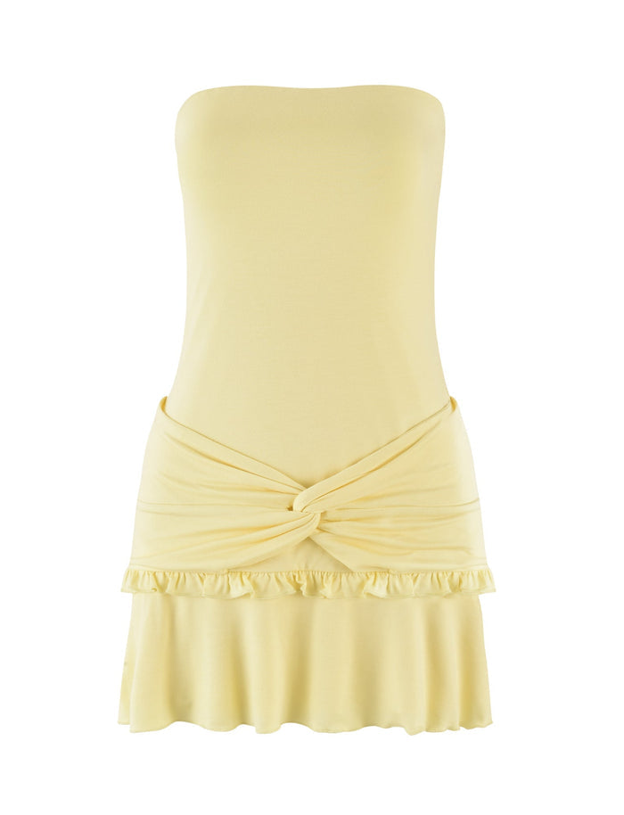Introducing the KATYA DRESS in Pale Yellow by TIGERMIST: This strapless mini-length dress features a fitted bodice with a knotted waist detail. Crafted from high-stretch fabric, its flared skirt is adorned with a ruffled hem for a look that's both casual and elegant. Displayed on a plain white background, this dress captures effortless style.