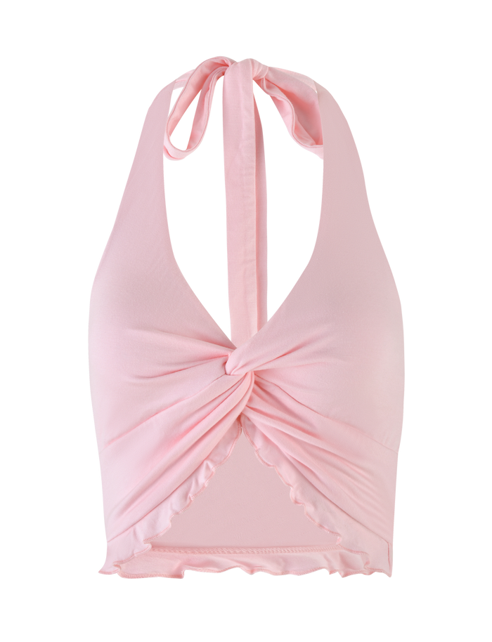 The TIGERMIST KATYA HALTER TOP in pale pink features a front knot, twist details, ruched accents, a ruffled hem, and ties behind the neck. Crafted from soft, stretchy fabric for comfort.