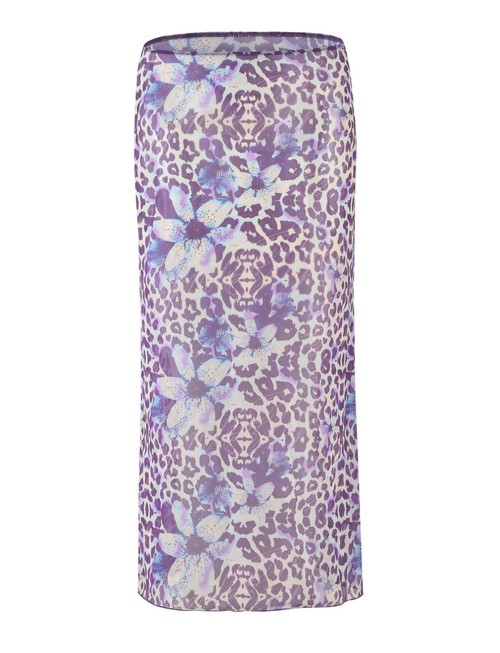 The KELLAN SKIRT - PURPLE : BY POPPY LEOPARD from TIGERMIST features a purple and blue floral pattern combined with a leopard print. The lightweight fabric showcases vibrant flowers over a subtle animal print background, creating a unique and stylish look.