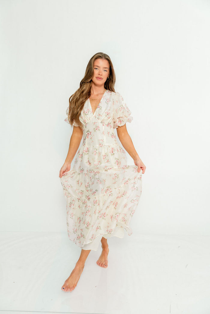 Kels Puff Sleeve Tiered Midi Dress in Ivory/Pink Floral