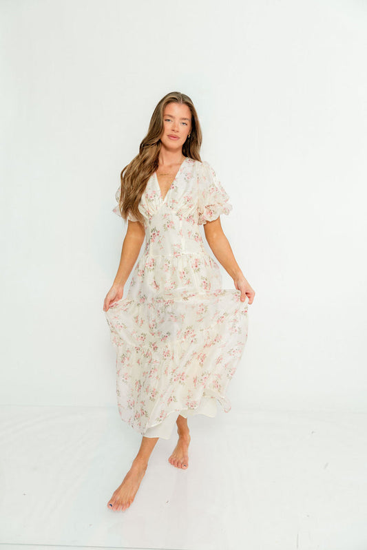 Kels Puff Sleeve Tiered Midi Dress in Ivory/Pink Floral