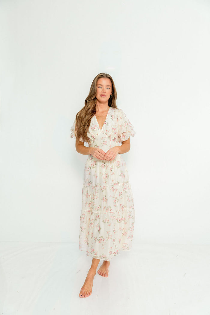 Kels Puff Sleeve Tiered Midi Dress in Ivory/Pink Floral