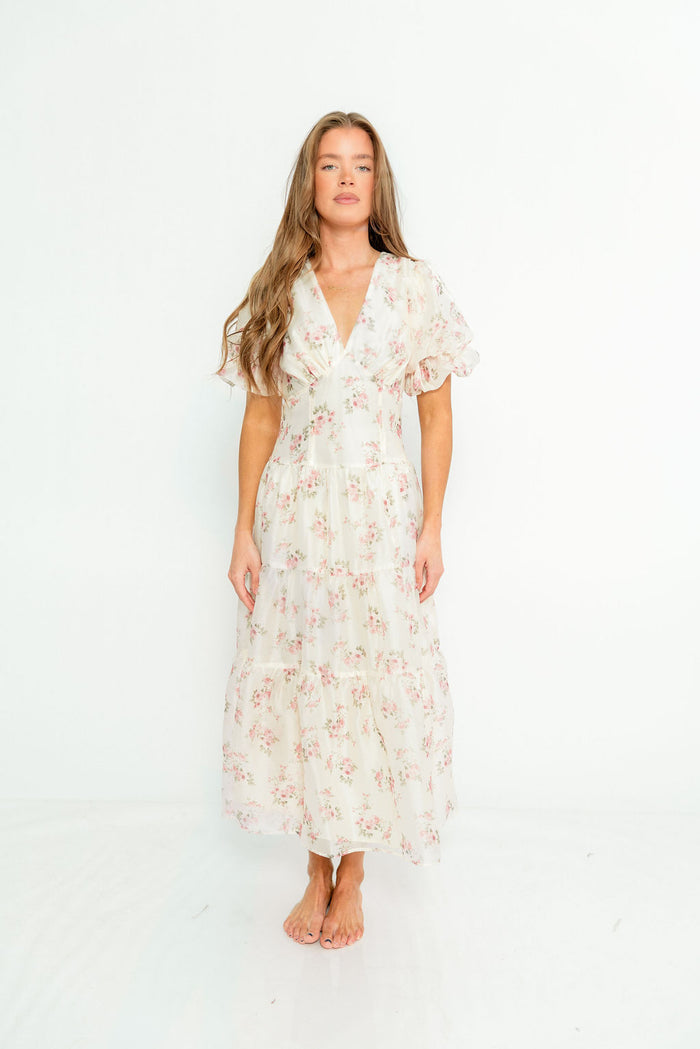 Kels Puff Sleeve Tiered Midi Dress in Ivory/Pink Floral