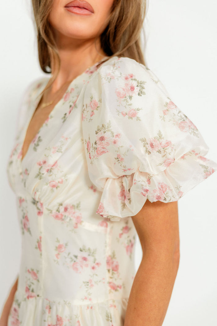 Kels Puff Sleeve Tiered Midi Dress in Ivory/Pink Floral