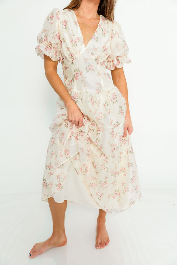 Kels Puff Sleeve Tiered Midi Dress in Ivory/Pink Floral