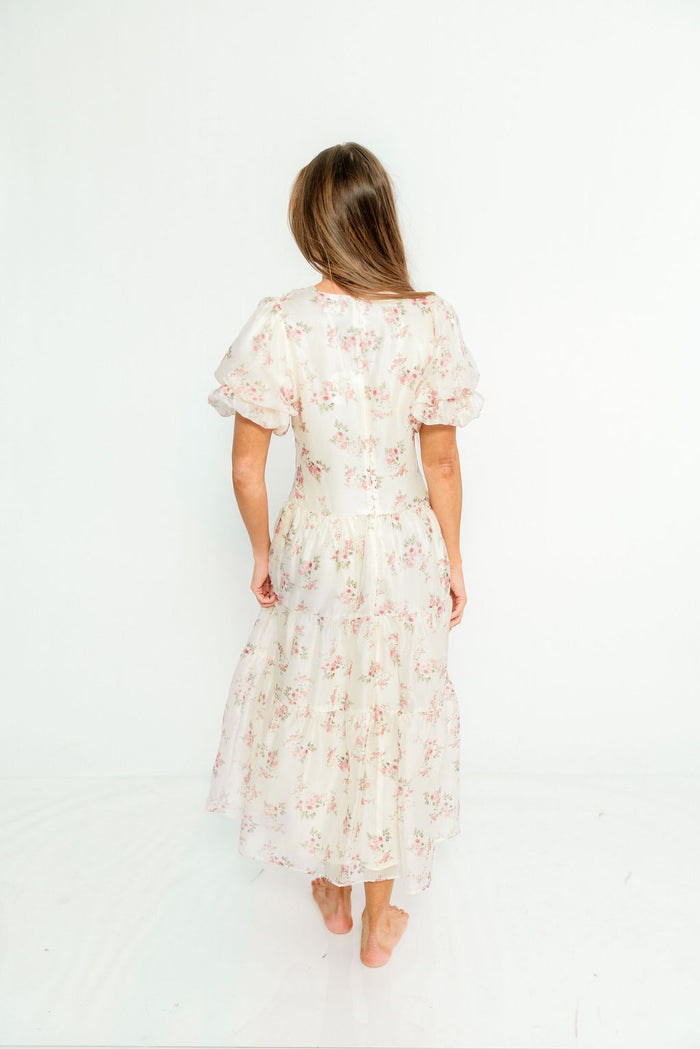 Kels Puff Sleeve Tiered Midi Dress in Ivory/Pink Floral