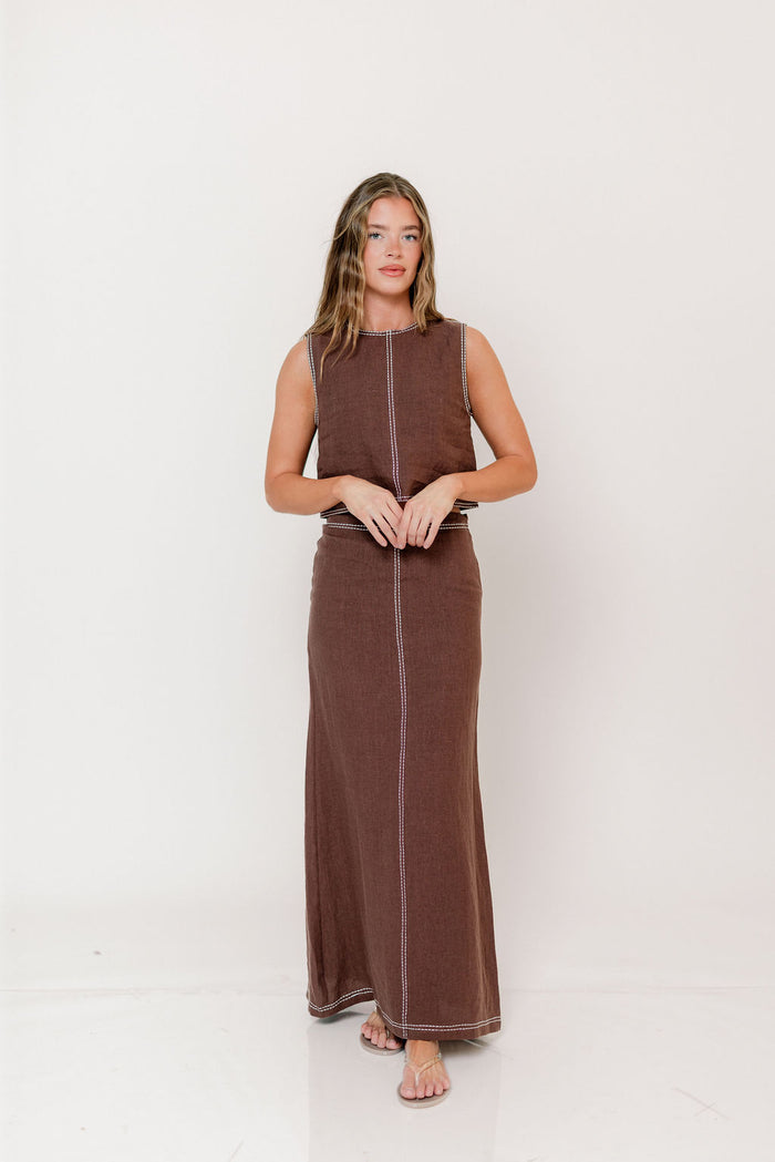Kenzy Contrast Stitch Linen Maxi Skirt in Brown *Final Sale*