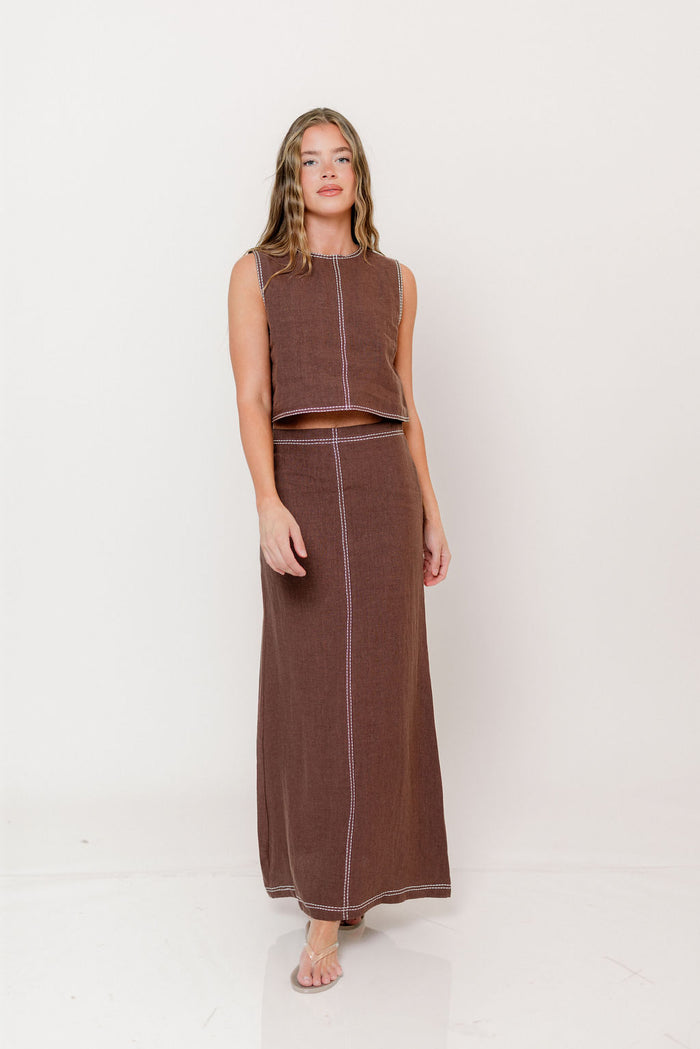 Kenzy Contrast Stitch Linen Maxi Skirt in Brown *Final Sale*