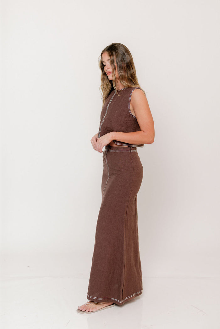 Kenzy Contrast Stitch Linen Maxi Skirt in Brown *Final Sale*