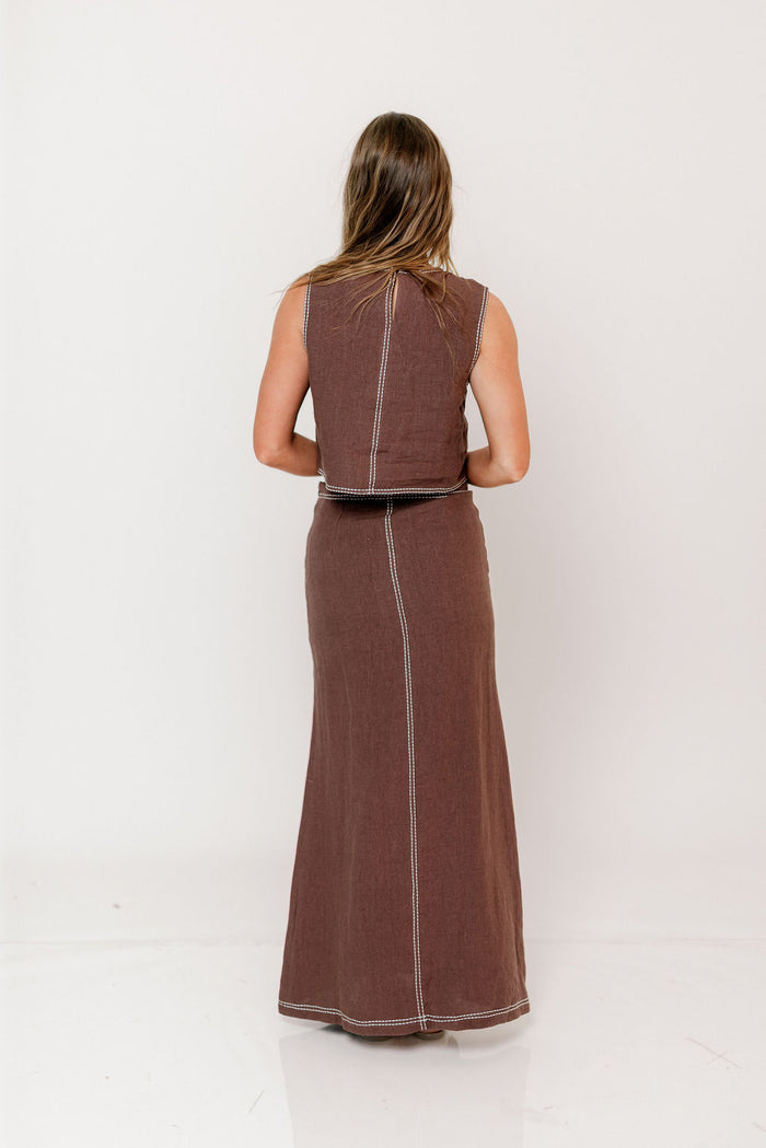 Kenzy Contrast Stitch Linen Maxi Skirt in Brown *Final Sale*