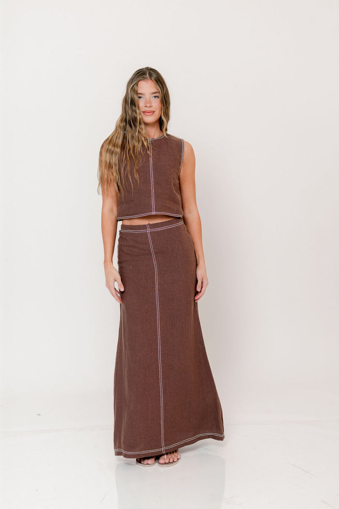Kenzy Contrast Stitch Linen Maxi Skirt in Brown *Final Sale*