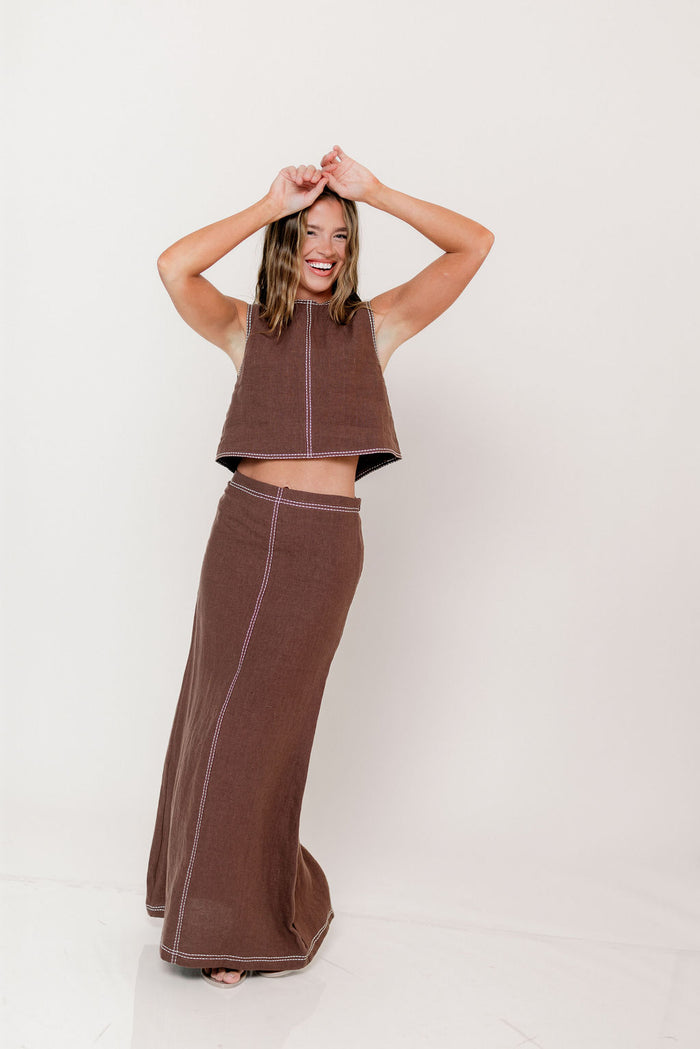 Kenzy Contrast Stitch Linen Maxi Skirt in Brown *Final Sale*
